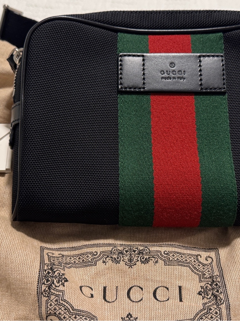 Gucci Black Canvas Belt Bag with Green & Red Web Stripe